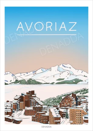 Affiche Avoriaz village enneigé avec vue sur les montagnes et les bâtiments iconiques de la station de ski, illustration de Denadda dans un style bande dessinée.