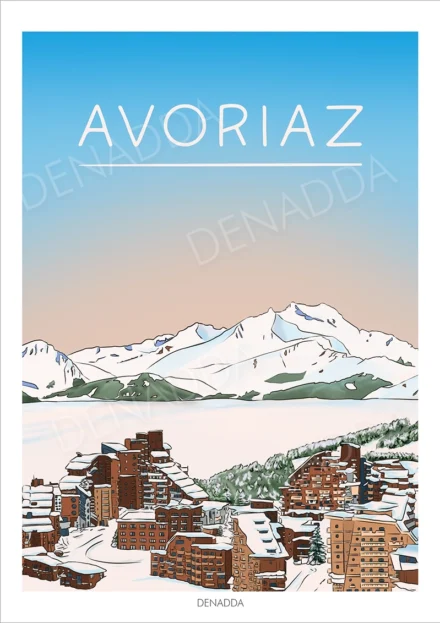 Affiche Avoriaz village enneigé avec vue sur les montagnes et les bâtiments iconiques de la station de ski, illustration de Denadda dans un style bande dessinée.