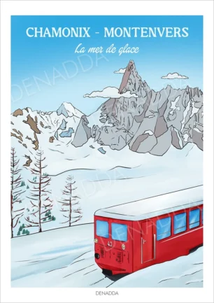 Affiche Chamonix Montenvers illustrant le train rouge devant les montagnes enneigées de la Mer de Glace, une création Denadda dans un style BD.