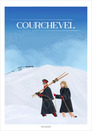 Affiche Courchevel illustrée, un couple élégant marche dans la neige avec des skis, dans l’ambiance chic et hivernale de la station de Courchevel, une création de Denadda.