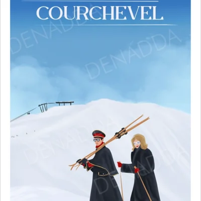 Affiche Courchevel illustrée, un couple élégant marche dans la neige avec des skis, dans l’ambiance chic et hivernale de la station de Courchevel, une création de Denadda.
