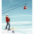 Affiche La Plagne représentant une skieuse avant la descente de la piste de ski observant un téléphérique rouge dans le ciel, illustration montagne dessinée par Denadda.