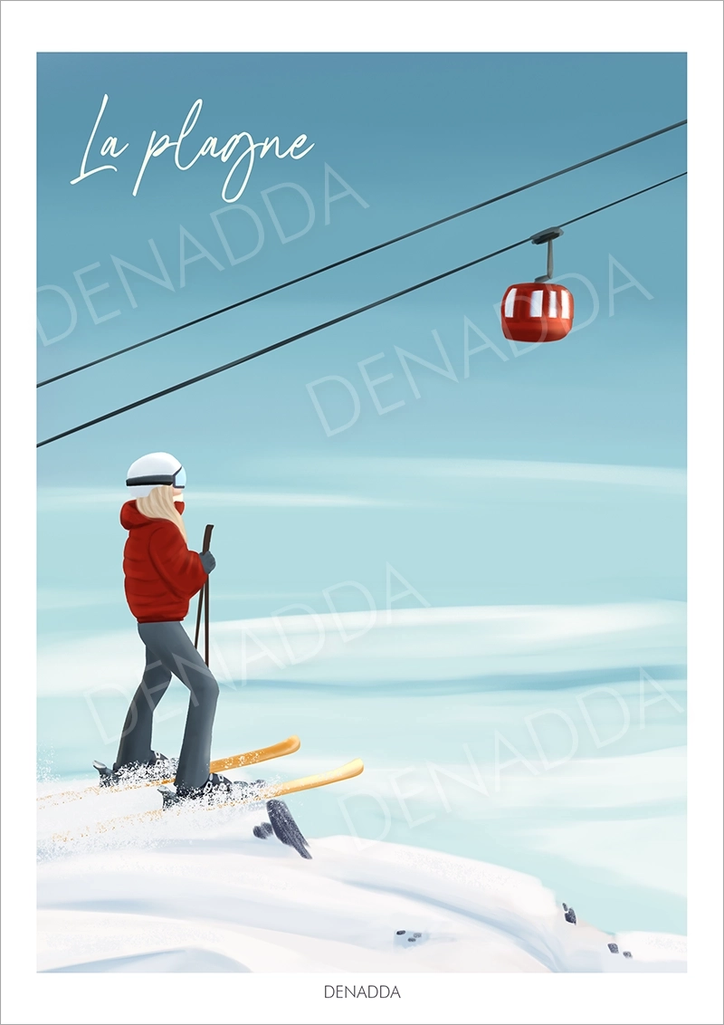 Affiche La Plagne représentant une skieuse avant la descente de la piste de ski observant un téléphérique rouge dans le ciel, illustration montagne dessinée par Denadda.