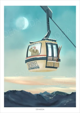 Affiche Méribel Mottaret avec télécabine vintage beige en altitude, vue sur les montagnes au coucher du soleil, illustration artistique Denadda.