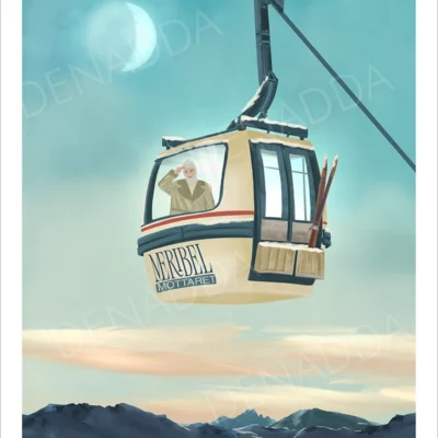 Affiche Méribel Mottaret avec télécabine vintage beige en altitude, vue sur les montagnes au coucher du soleil, illustration artistique Denadda.
