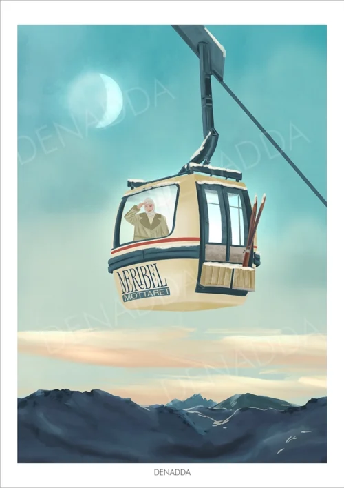 Affiche Méribel Mottaret "Télécabine vintage" Affiche Méribel Mottaret avec télécabine vintage beige en altitude, vue sur les montagnes au coucher du soleil, illustration artistique Denadda.