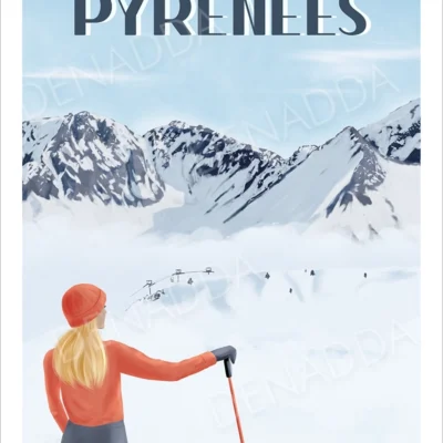 Affiche Pyrénées illustrant une skieuse face aux montagnes enneigés sous un ciel bleu, création Denadda.