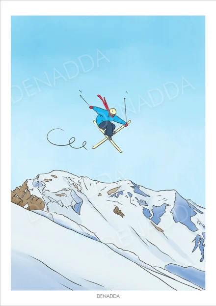 Affiche ski freestyle, illustration style bande dessinée d’un skieur réalisant une figure X-Up au-dessus d’une montagne enneigée, par Denadda.