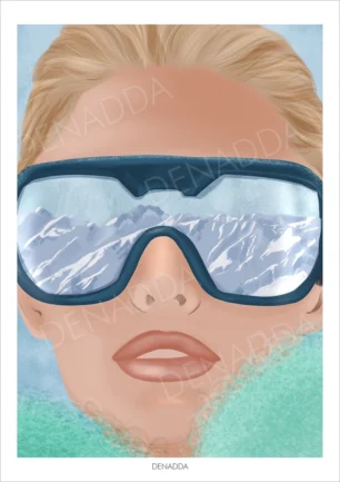 Affiche ski portrait d'une femme avec masque de ski reflétant les montagnes enneigées, illustration moderne signée Denadda.