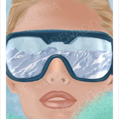 Affiche ski portrait d'une femme avec masque de ski reflétant les montagnes enneigées, illustration moderne signée Denadda.