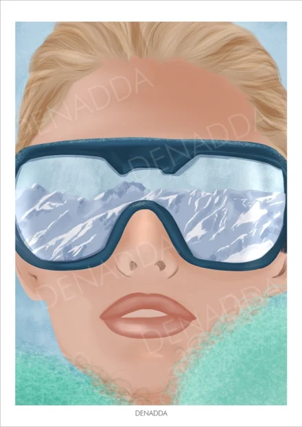 Affiche ski portrait d'une femme avec masque de ski reflétant les montagnes enneigées, illustration moderne signée Denadda.