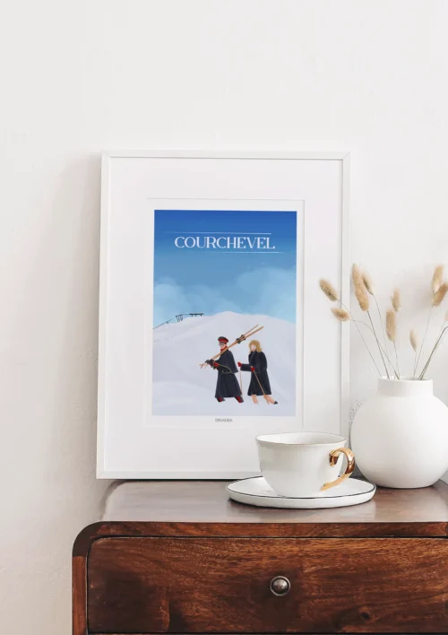 Cadre Courchevel "Mode & Montagne" Cadre Courchevel, illustration mode & montagne dans la neige, style chic alpin, création Denadda.