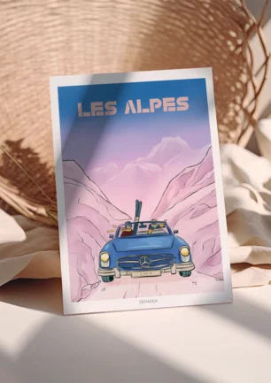 Poster Les Alpes avec voiture ancienne décapotable et skis, décor montagne rose en style BD illustré par Denadda
