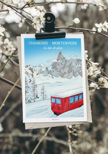 Poster Chamonix Montenvers – Mer de Glace, illustration vintage du petit train rouge devant les sommets enneigés, création Denadda.