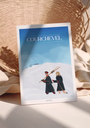 Poster Courchevel, illustration élégante de deux skieurs dans la neige, ambiance mode & montagne dessiné par Denadda.