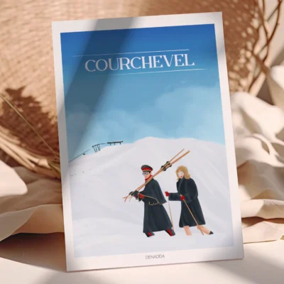 Poster Courchevel “Mode & Montagne” Poster Courchevel, illustration élégante de deux skieurs dans la neige, ambiance mode & montagne dessiné par Denadda.