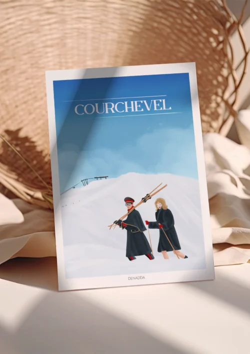 Poster Courchevel "Mode & Montagne" Poster Courchevel, illustration élégante de deux skieurs dans la neige, ambiance mode & montagne dessiné par Denadda.