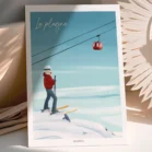 Poster La Plagne ski en altitude avec skieuse et téléphérique rouge, présenté en lumière naturelle, une illustration dessinée par Denadda.