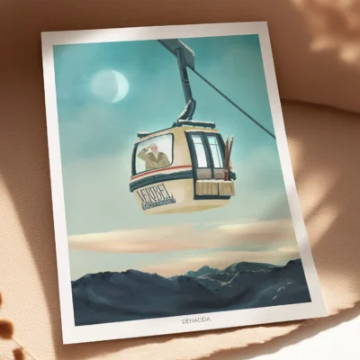 Poster Méribel Mottaret “Télécabine vintage” Poster Méribel Mottaret mettant en scène une télécabine vintage au-dessus des montagnes, ambiance pastel et style rétro, Illustration Denadda posée en lumière naturelle.