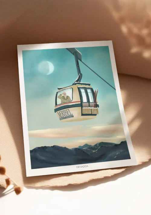 Poster Méribel Mottaret "Télécabine vintage" Poster Méribel Mottaret mettant en scène une télécabine vintage au-dessus des montagnes, ambiance pastel et style rétro, Illustration Denadda posée en lumière naturelle.