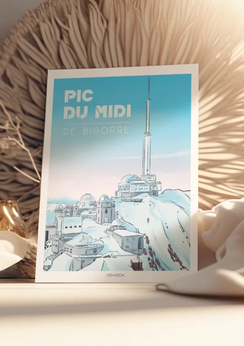 Poster Pic du Midi de Bigorre "Les Pyrénées" Poster Pic du Midi de Bigorre en style BD dessiné par Denadda, posé en décoration avec lumière douce et ambiance naturelle.