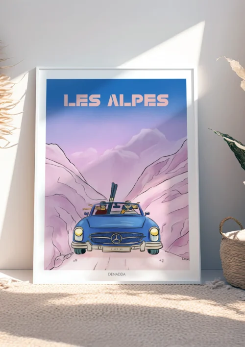 Tableau Alpes “Voiture vintage et skis dans les montagnes” Tableau Les Alpes voiture vintage bleue et skis, scène montagne style bande dessinée, une création artistique de Denadda