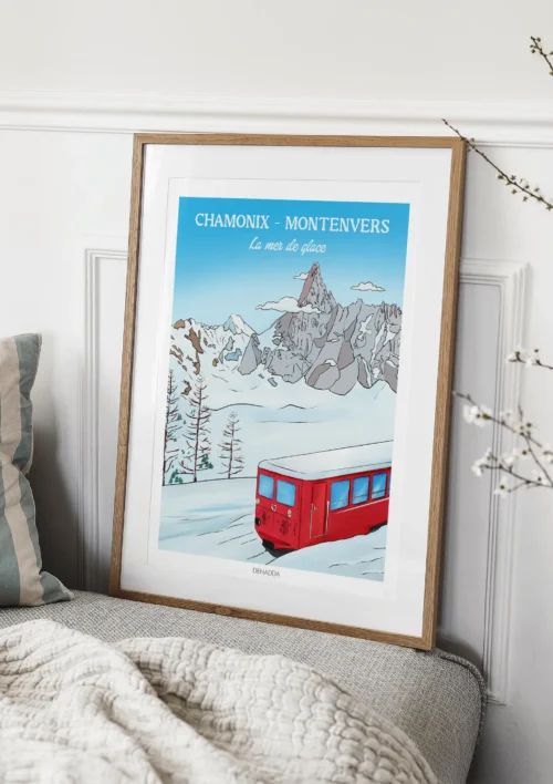 Tableau Chamonix Montenvers - Mer de Glace "Le train rouge" Tableau Chamonix Montenvers – Mer de Glace, illustration du train rouge sur la neige avec panorama des Alpes, une création de Denadda.