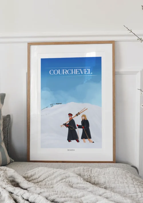 Tableau Courchevel "Mode & Montagne" Tableau Courchevel, scène chic de ski dans les Alpes, style mode & montagne avec silhouettes élégantes, une illustration de Denadda.