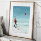 Tableau La Plagne ski en altitude avec skieuse et téléphérique rouge, création de Denadda
