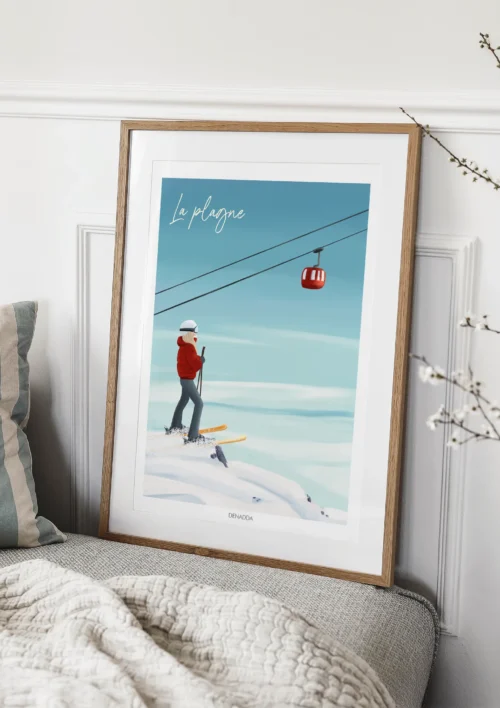 Tableau La Plagne "Ski en altitude" Tableau La Plagne ski en altitude avec skieuse et téléphérique rouge, création de Denadda