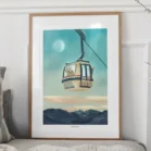 Tableau Méribel Mottaret avec télécabine vintage et panorama alpin au lever du jour, création artistique signée Denadda.