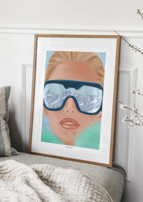 Tableau Ski Portrait “Reflet de Montagne” Tableau ski portrait d'une femme de face portant un masque de ski où apparaissent des montagnes, création artistique Denadda.