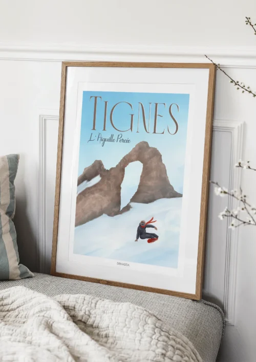 Tableau Tignes "L'Aiguille Percée" Tableau Tignes L’Aiguille Percée, décoration murale montagne avec snowboarder et paysage alpin, illustration Denadda